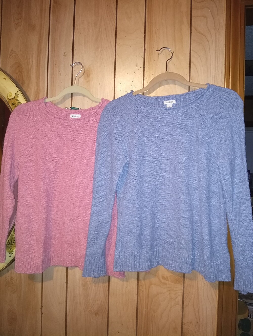 L.L. Bean Bouclé Crewneck Sweaters in Pink and Light Blue